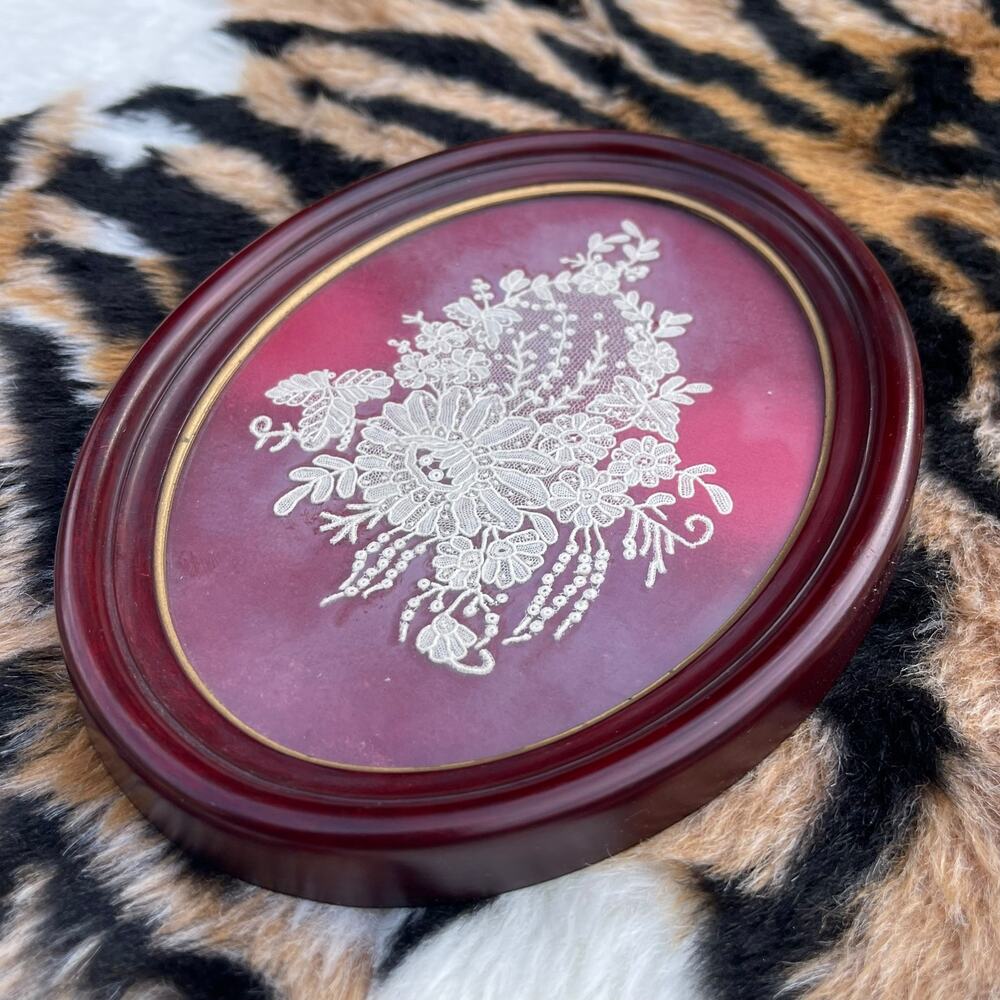 Vintage Real Brussels Lace Floral Wall Art Oval Burgundy Frame Belgium 8x6